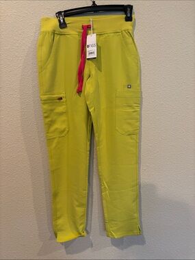 NWT FIGS XS Green Jogger Pants with Pink Drawstring